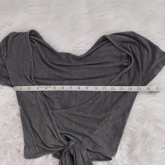 Free People Gray Ribbed Wrap Shirt Small - Picture 8 of 11
